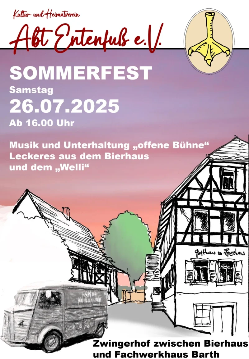 Plakat zum Sommerfest mit einer Zeichnung von Fachwerkhäusern im Abendlicht