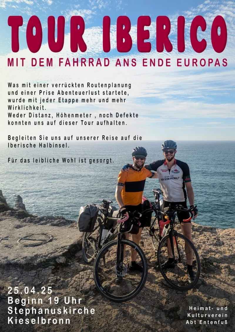 Plakat: zwei Radfahrer mit bepackten Rädern an einer Steilküste am Meer