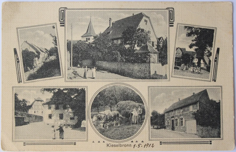 Postkarte mit sechs Schwarzweiß-Ansichten aus Kieselbronn: Straße mit Häusern, Kirchturm mit großem Haus hinter einer Mauer, Kinder beim Reigenspiel, Haus unter einem Baum, Heuernte mit Ochsengespann im Rundbild, Gebäude mit Toreinfahrt.