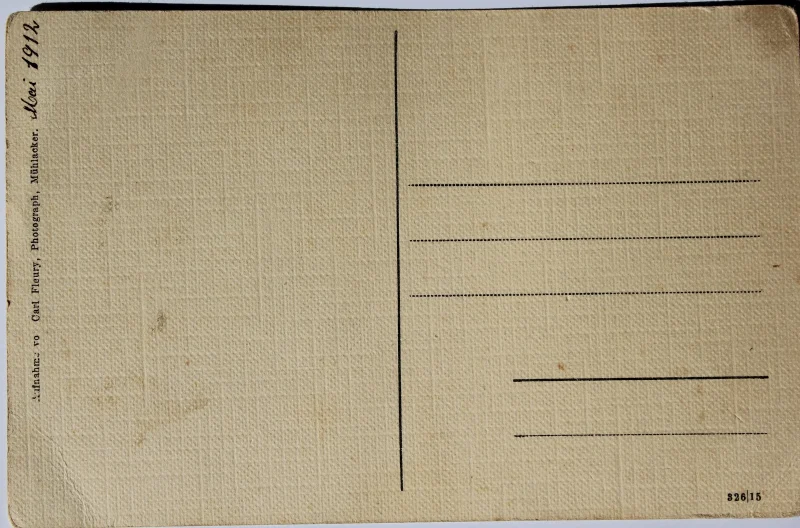 Rückseite derselben Postkarte mit Adresslinien; am linken Rand ein aufgedruckter Fotografenvermerk und handschriftlich „Mai 1912“.