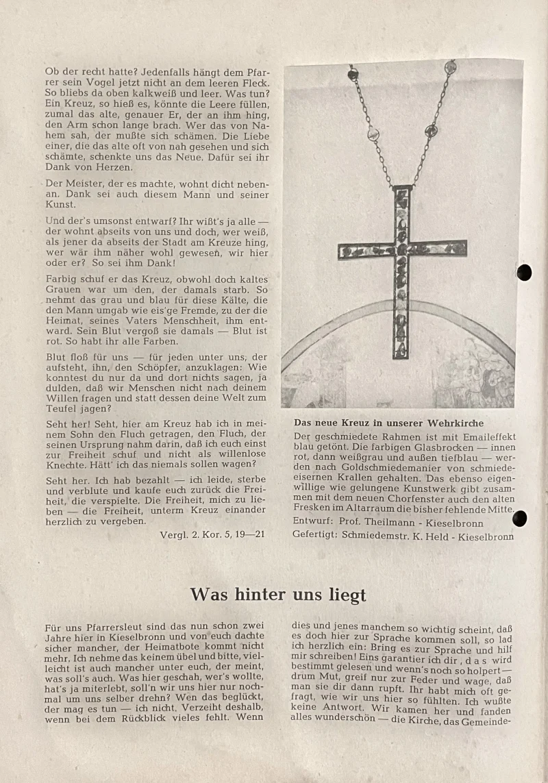 Seite aus dem Heimatboten vom November 1966 mit Text und einem Foto des neuen Kreuzes in der Kirche.