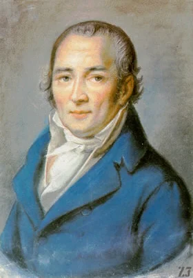 Gemaltes Brustbild von Johann Peter Hebel in blauem Rock mit weißem Halstuch vor grauem Hintergrund.