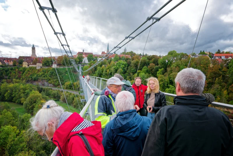 Reisegruppe auf der Neckarline-Hängebrücke über dem herbstlichen Neckartal; im Hintergrund die Altstadt von Rottweil mit Kirchtürmen.